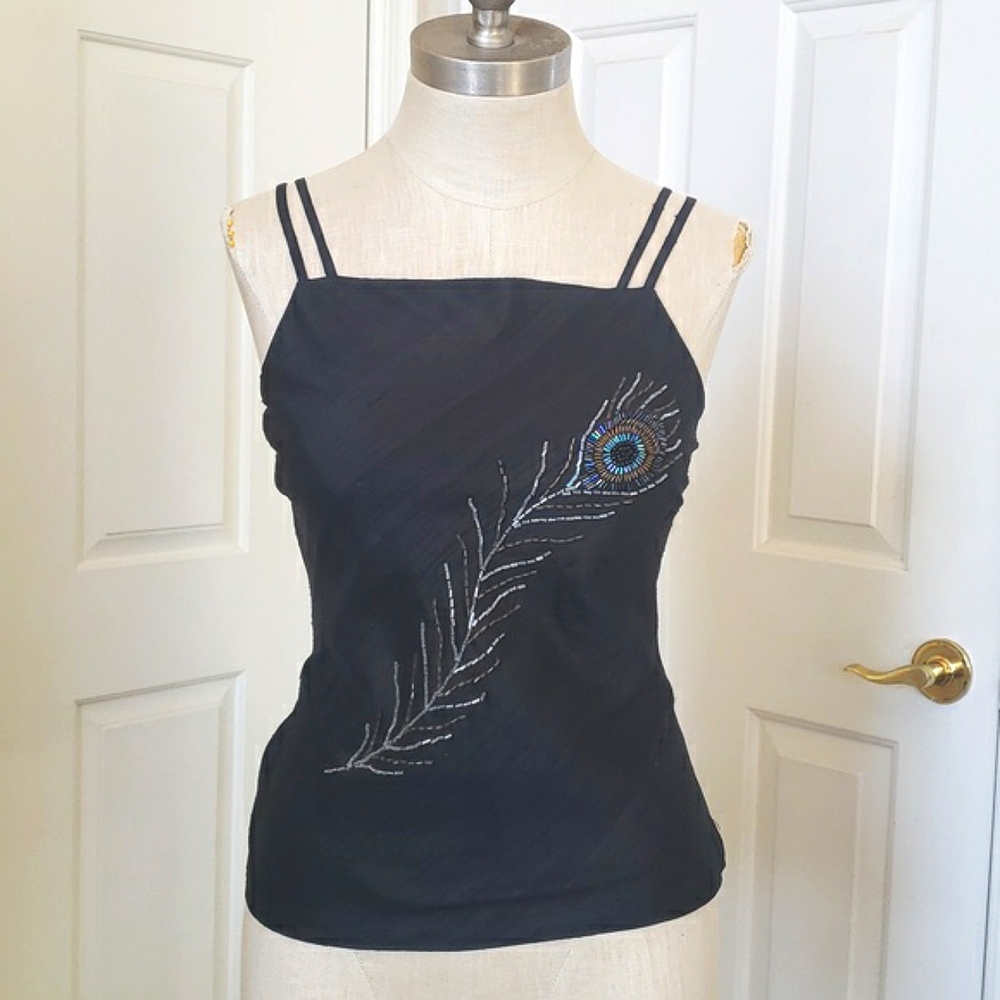 Vintage Luxe Beaded Black Silk Camisole – Peacock Feather Artistry - Picture 4 of 14